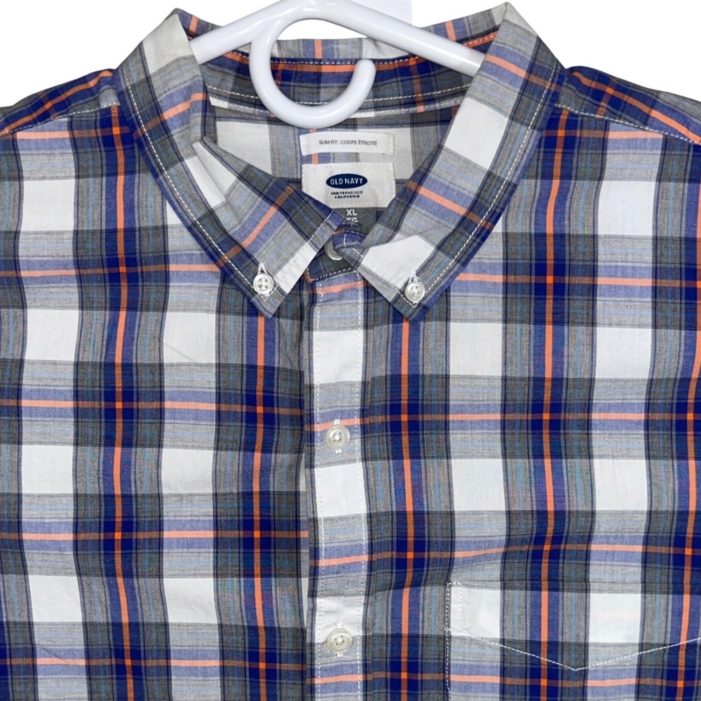 Old Navy Mens XL Slim Fit‎ Plaid Button Down Shirt Blue White Cotton